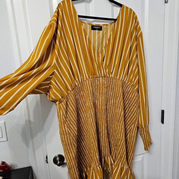 Rebdolls See It All Vertical Striped Smocked Mini Dress Mustard Size 5X - Picture 2 of 9